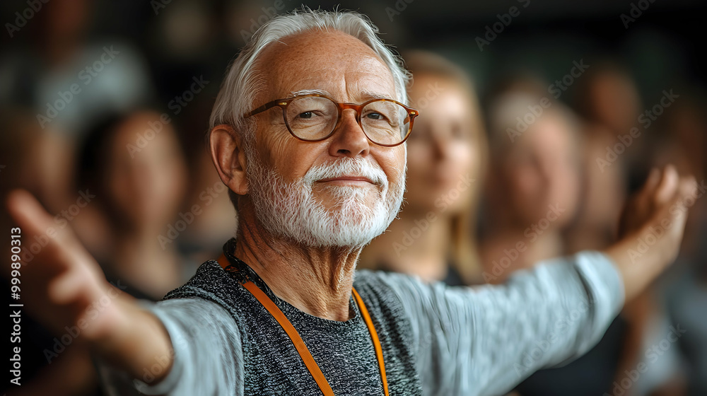 Smiling Senior Man with Arms Outstretched in a Crowd Smiling Senior Man with Arms Outstretched in a Crowd