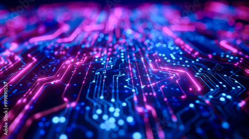 Vibrant abstract representation of digital transformation with glowing circuits and data streams, showcasing technologys evolution and innovation