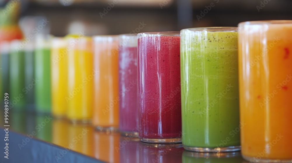 A colorful array of smoothies lined up on a table, featuring different flavors and vibrant colors, inviting viewers to indulge in healthy beverages. A colorful array of smoothies lined up on a table, featuring different flavors and vibrant colors, inviting viewers to indulge in healthy beverages.