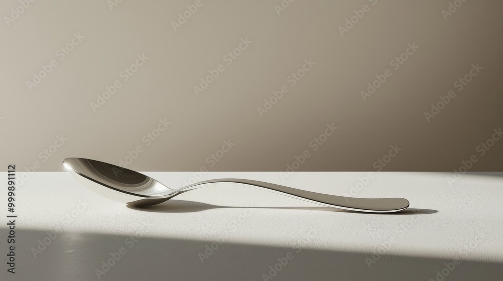 Elegant Silver Teaspoon on Light Grey Table with Minimalist Design and Subtle Reflections Elegant Silver Teaspoon on Light Grey Table with Minimalist Design and Subtle Reflections
