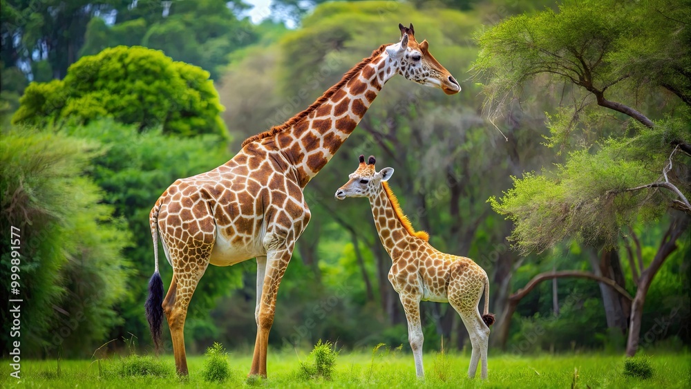 A majestic giraffe and its calf stand gracefully in a lush green landscape, showcasing their unique patterns and tall necks. A majestic giraffe and its calf stand gracefully in a lush green landscape, showcasing their unique patterns and tall necks.