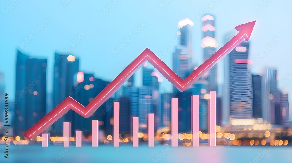 Fototapeta premium Corporate growth symbolized by an upward arrow, urban skyline backdrop, representing mergers and acquisitions in a dynamic business environment