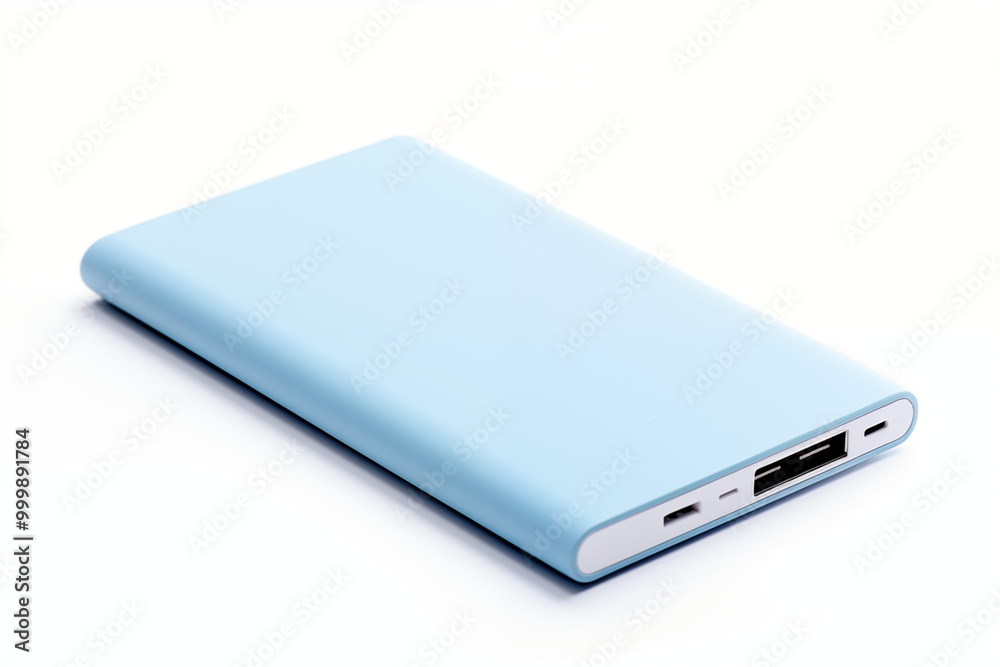 A sleek, modern power bank with metallic edges and a digital display showing the charging percentage. The power bank is placed on a wooden table with a phone plugged in, showing charging icon on phone A sleek, modern power bank with metallic edges and a digital display showing the charging percentage. The power bank is placed on a wooden table with a phone plugged in, showing charging icon on phone