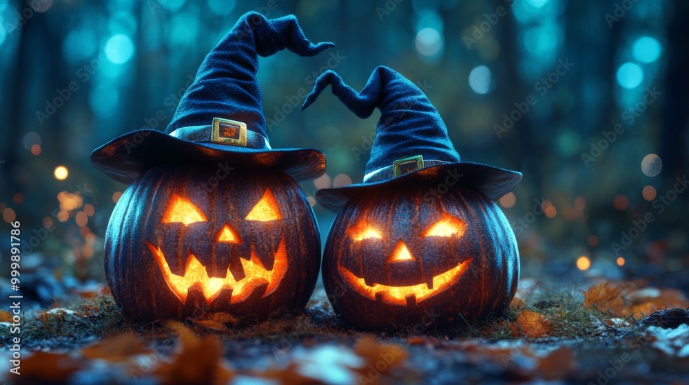 Naklejka premium Glowing Jack-o'-Lanterns with Witch Hats in a Spooky Halloween Forest