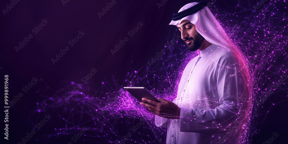 Arab businessman using tablet with global network connection on purple background Arab businessman using tablet with global network connection on purple background