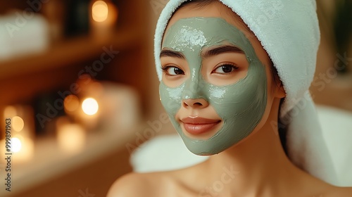 A serene portrait of an Asian woman with a towel wrapped around her head, applying a clay mask in a spa-like setting, her skin glowing under warm lighting,