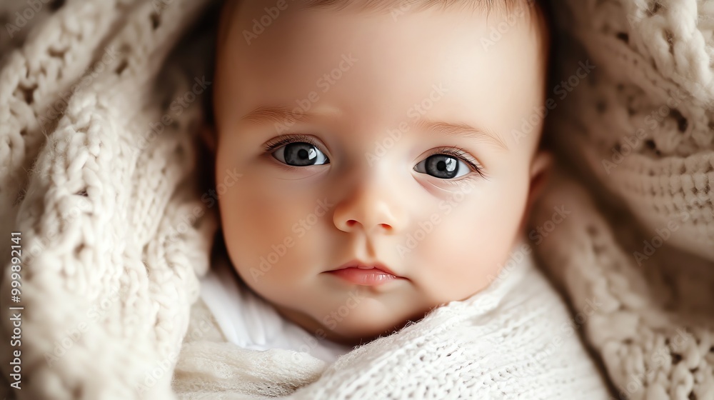 A baby looking up with big, blue eyes. A baby looking up with big, blue eyes.