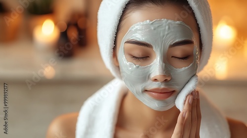 A serene portrait of an Asian woman with her hair wrapped in a white towel, applying a soothing facial mask, soft natural light illuminating her face, minimalist spa setting with warm tones,