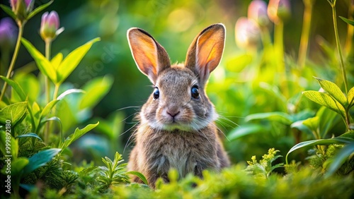 A cute rabbit sits among lush green foliage, its ears perked up, creating a charming and serene outdoor scene.