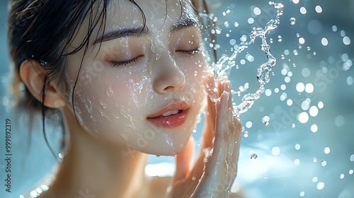 A serene shot of an Asian woman splashing water on her face, droplets suspended around her, her skin glowing and refreshed under soft natural light,