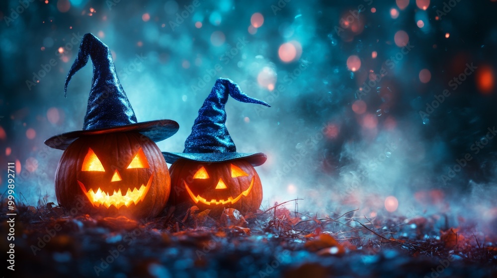 Fototapeta premium Glowing Jack-o'-Lanterns with Witch Hats in a Spooky Halloween Forest