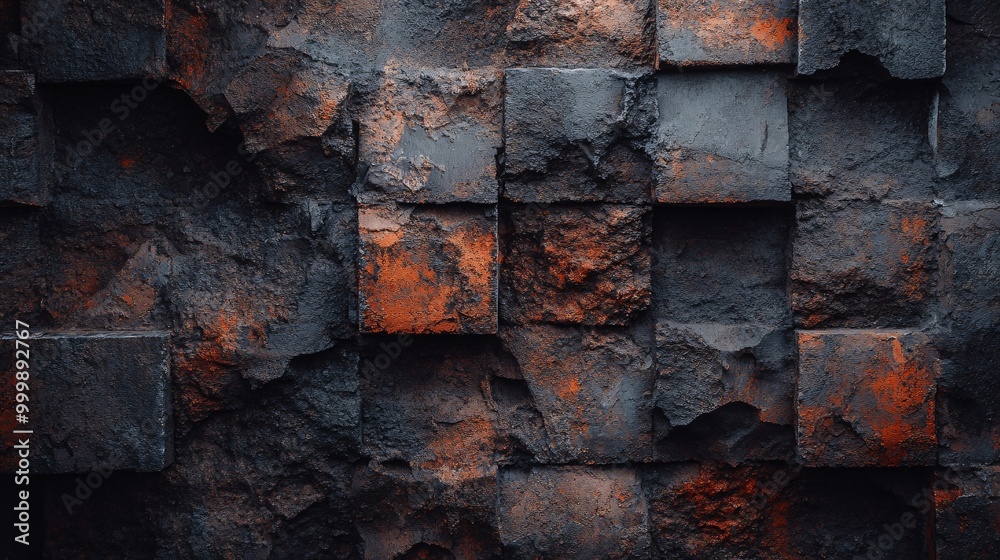 A close-up view of a wall made of rough, gray and rusty square tiles. Generative Ai A close-up view of a wall made of rough, gray and rusty square tiles. Generative Ai