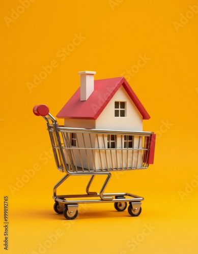 A house in a shopping cart on orange background with copy space concept of buying real estate generative ai Real Estate home listing buying or selling home