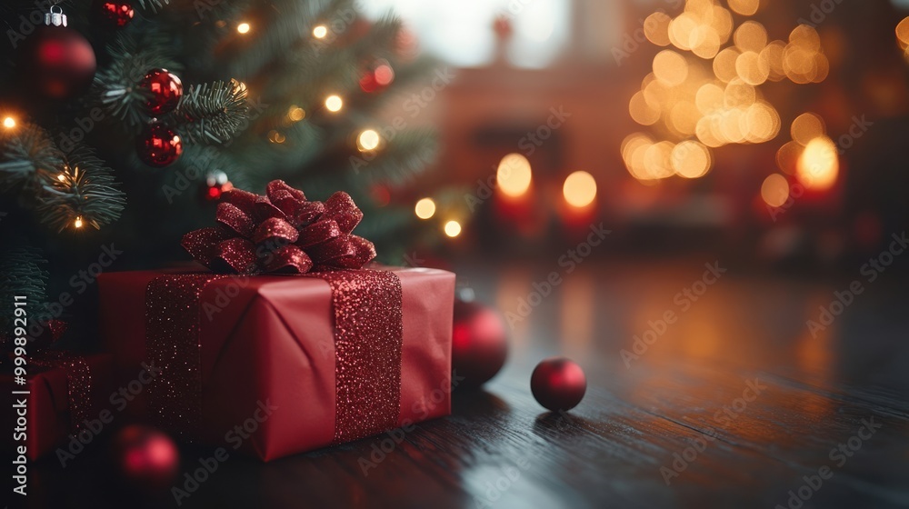 A Red Christmas Present Underneath a Decorated Christmas Tree, Surrounded by Ornaments and Warm Lights A Red Christmas Present Underneath a Decorated Christmas Tree, Surrounded by Ornaments and Warm Lights