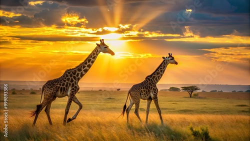 Two giraffes gracefully walk across a golden grassland, illuminated by a stunning sunset, showcasing the beauty of nature.