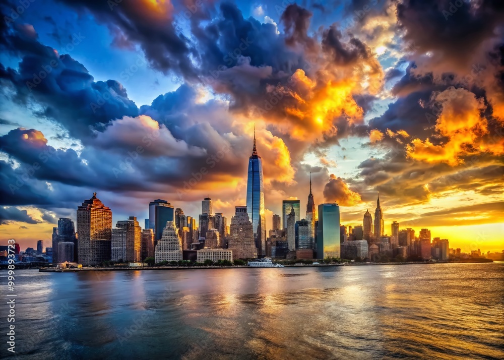 Obraz premium Captivating New York City Skyline at Sunset with Vibrant Colors and Dramatic Cloud Patterns Above