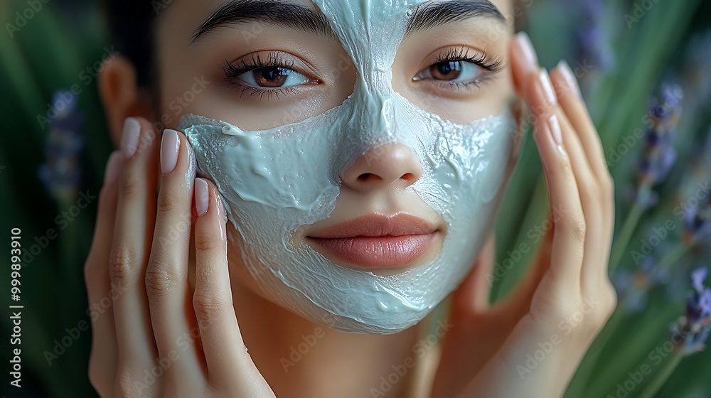 An Asian woman surrounded by natural ingredients like aloe vera and lavender, gently applying an organic face mask, her skin glowing in the soft light, An Asian woman surrounded by natural ingredients like aloe vera and lavender, gently applying an organic face mask, her skin glowing in the soft light,