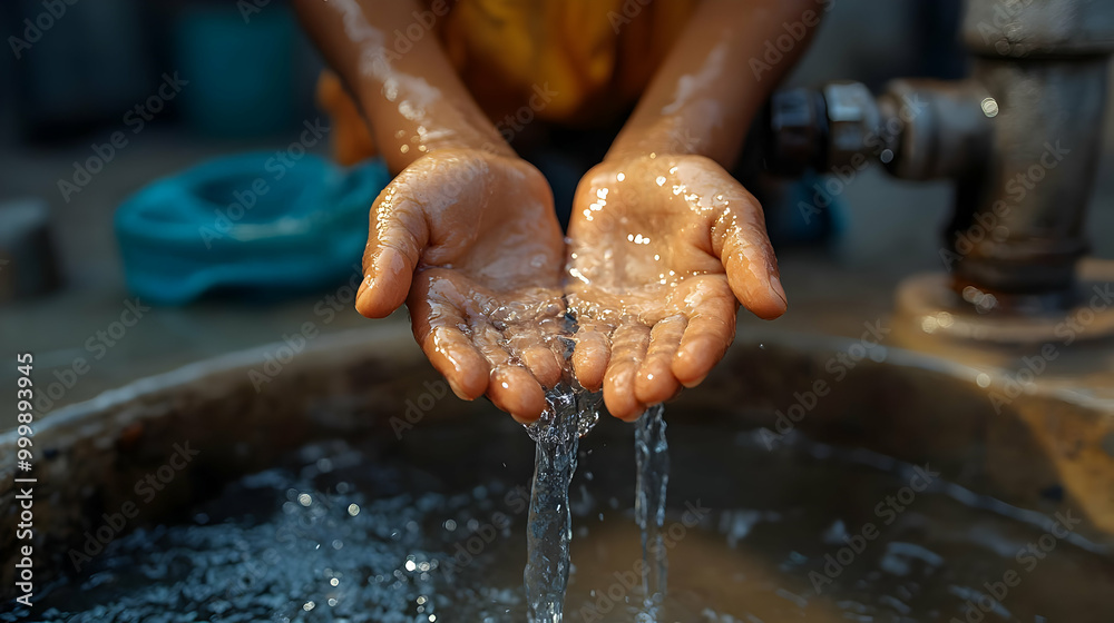 Fototapeta premium Cupped Hands Catching Water from a Spigot