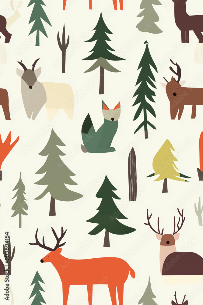 Fototapeta premium seamless background tile, Colorful forest animal and tree pattern in a playful, whimsical design