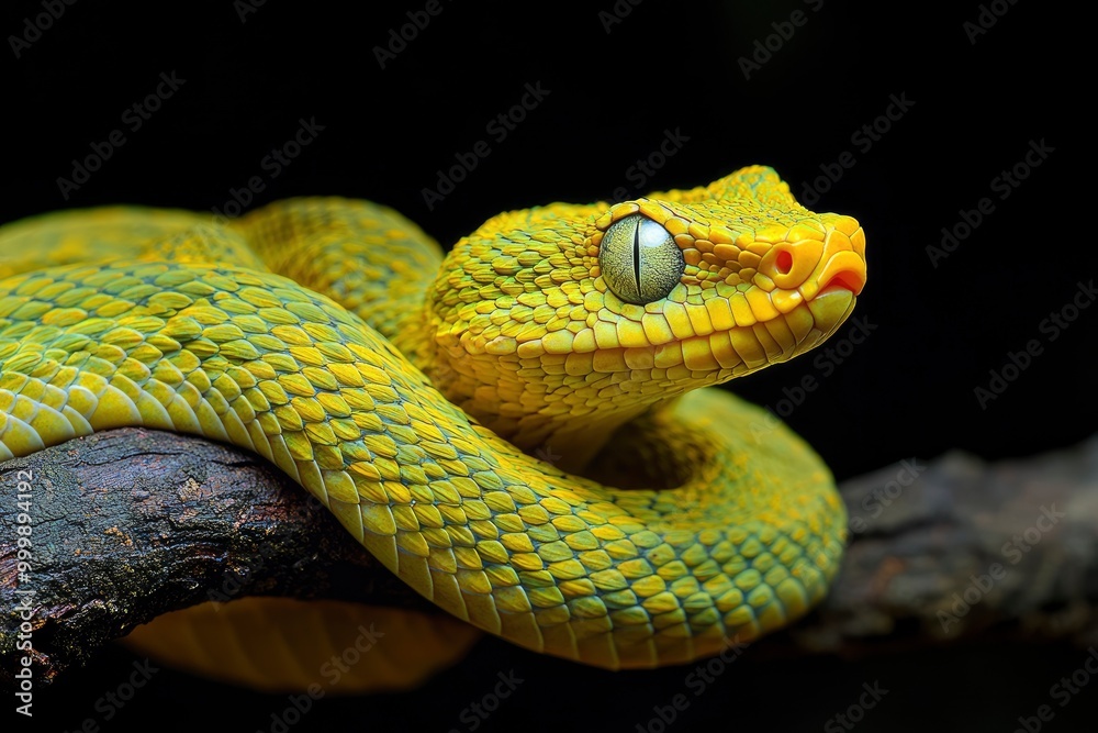 Obraz premium The Yellow White-lipped Pit Viper (Trimeresurus insularis) closeup on branch with black background, generative ai