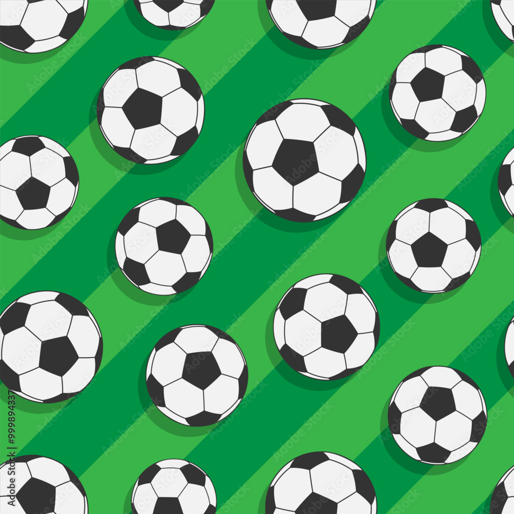 Seamless Pattern of Balls for Soccer or Football Against Green Stripes Seamless Pattern of Balls for Soccer or Football Against Green Stripes