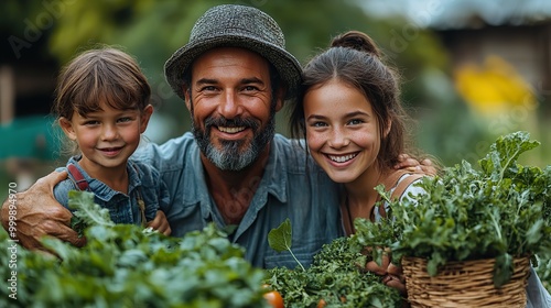happy farmer family looking at camera and holding their harvest outdoors in garden