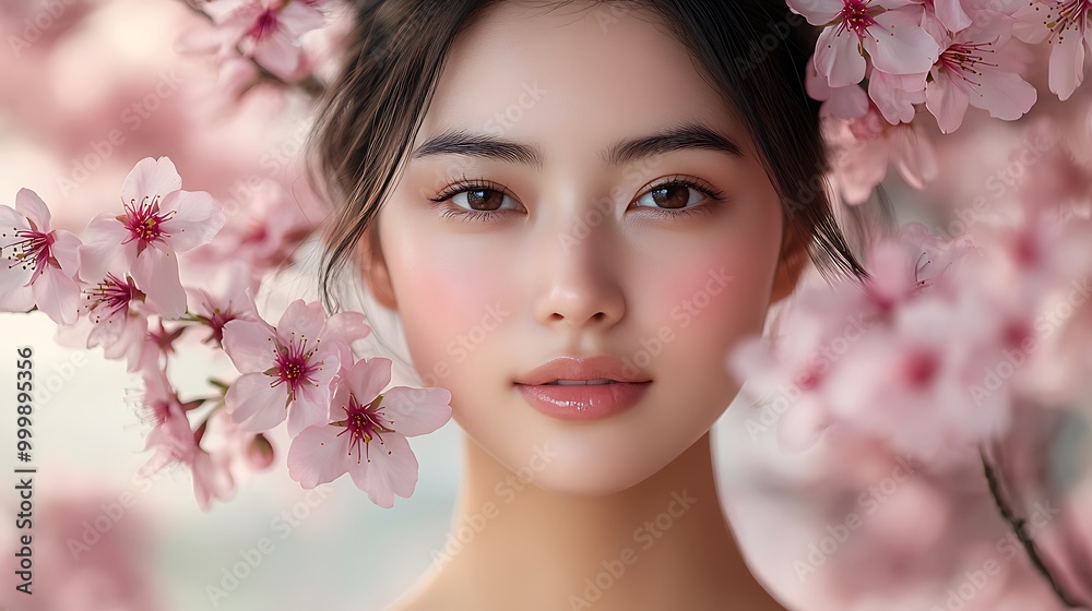 An elegant portrait of an Asian woman with flawless, glowing skin, her face surrounded by cherry blossom branches in full bloom, pink petals softening the background, An elegant portrait of an Asian woman with flawless, glowing skin, her face surrounded by cherry blossom branches in full bloom, pink petals softening the background,
