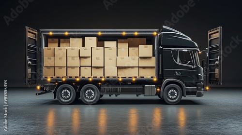 Rear View of Truck Loaded with Cardboard Boxes for Cargo Transport