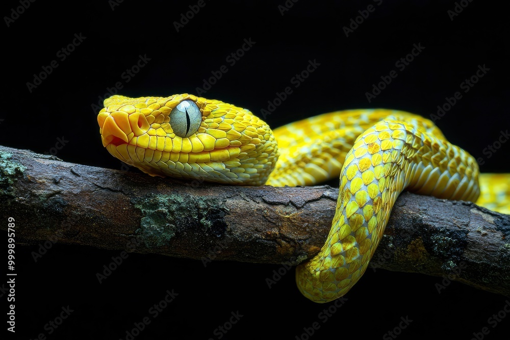 Fototapeta premium The Yellow White-lipped Pit Viper (Trimeresurus insularis) closeup on branch with black background, generative ai