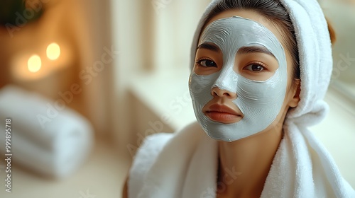 An elegant spa scene of an Asian woman with a facial mask on, her hair wrapped in a towel, warm natural light pouring through a window, soft beige and white tones creating a peaceful,