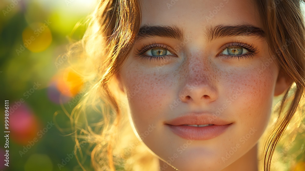 Close-up of a young woman with glowing skin, her face bathed in golden sunlight, the vibrant outdoor background filled with greenery and colorful flowers,