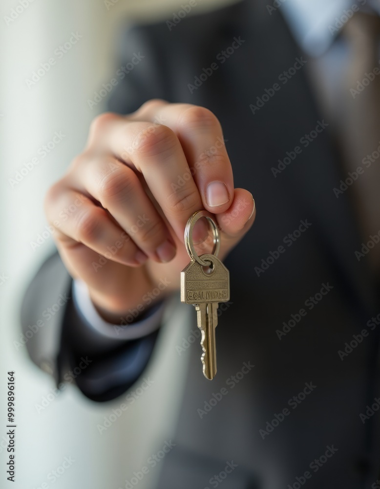 Hand real estate agent holding holds a key with a tag in the for Real Estate home listing buying or selling home Hand real estate agent holding holds a key with a tag in the for Real Estate home listing buying or selling home