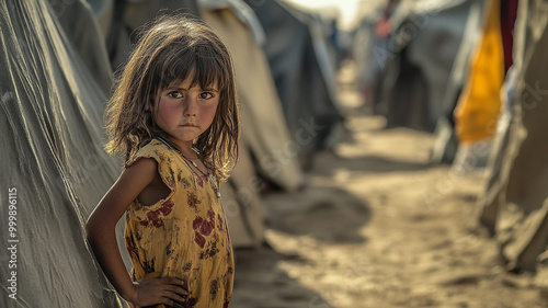 Young girl standing in a refugee camp during International Volunteer Day activities photo