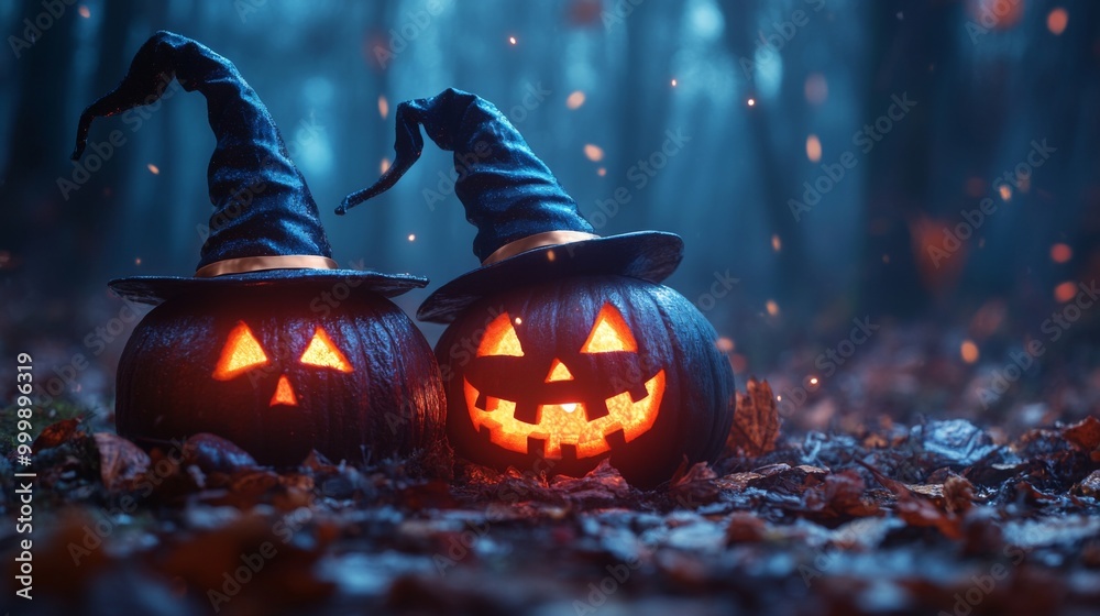 Fototapeta premium Glowing Jack-o'-Lanterns with Witch Hats in a Spooky Halloween Forest