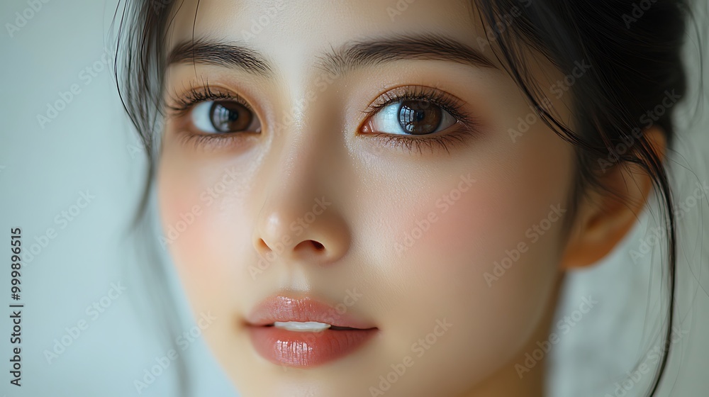 Close-up of an Asian woman applying a natural cream, her flawless skin glowing in soft, natural light, minimalist background with a neutral color palette, focus on clean, Close-up of an Asian woman applying a natural cream, her flawless skin glowing in soft, natural light, minimalist background with a neutral color palette, focus on clean,