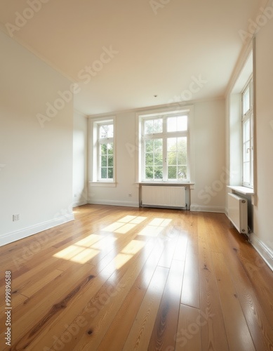 bright empty room, natural wooden floors, large windows, sunlight streaming in, minimalistic design, high ceiling, cozy and inviting atmosphere, peaceful ambiance 