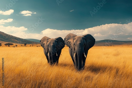 Two elephants in the field of south africa..generative ai