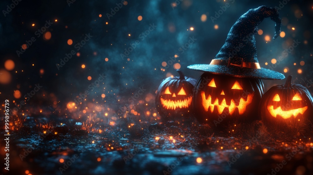 Naklejka premium Glowing Jack-o'-Lanterns with Witch Hats in a Spooky Halloween Forest