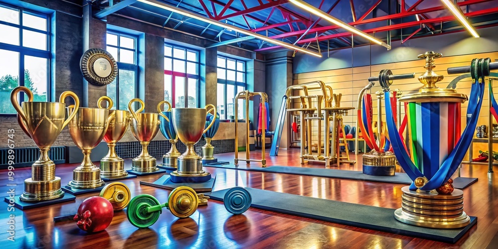 Naklejka premium Celebrating Fitness Success with Trophies, Medals, and Healthy Lifestyle Elements in a Gym Setting