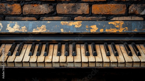 A weathered piano with chipped paint and worn keys sits before a rustic brick wall photo