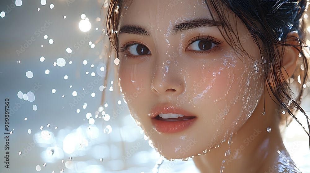 Close-up of an Asian woman in mid-splash, water droplets frozen in time as they hit her glowing skin, sunlight creating reflections in the water, Close-up of an Asian woman in mid-splash, water droplets frozen in time as they hit her glowing skin, sunlight creating reflections in the water,