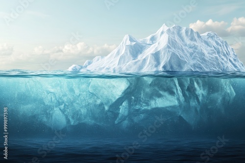 A majestic iceberg submerged partially in serene blue waters. photo