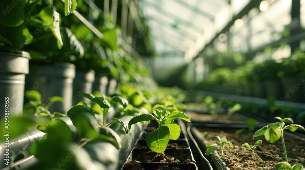 Greenhouses: A View of Freshly Grown Seedlings in Sunlight Greenhouses: A View of Freshly Grown Seedlings in Sunlight