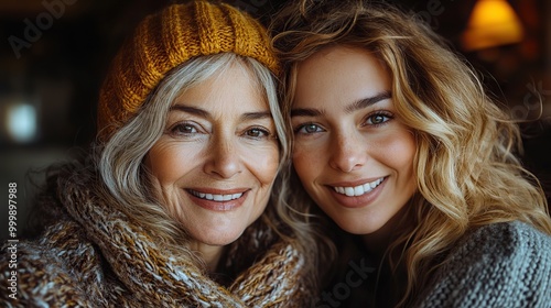 happy senior mother embracing with adult daughter when sitting and having coffee indoors at home