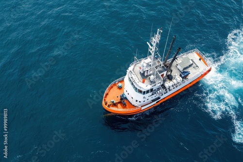 Aerial view of an orange and white tugboat navigating through the blue sea. photo