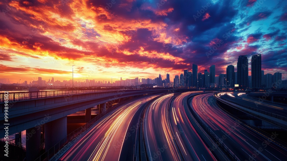 A dynamic shot of a car speeding down an elevated expressway at sunset, with the sky painted in vibrant colors and the city skyline in the background. A dynamic shot of a car speeding down an elevated expressway at sunset, with the sky painted in vibrant colors and the city skyline in the background.