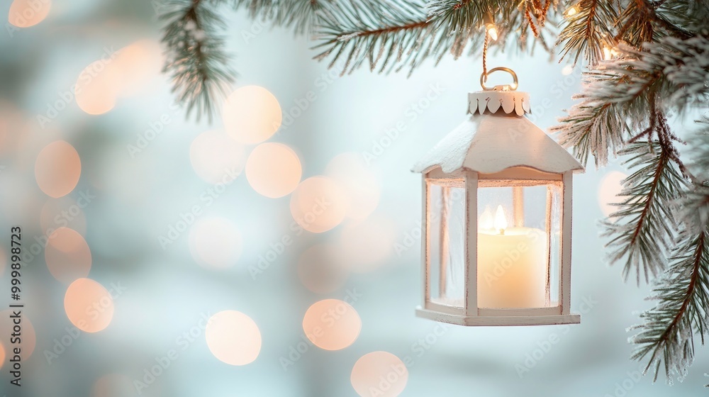 Christmas Lantern with electric light decoration festive Christmas background with fir branches - Winter landscape with bokeh lights, greeting card, xmas decor Christmas Lantern with electric light decoration festive Christmas background with fir branches - Winter landscape with bokeh lights, greeting card, xmas decor