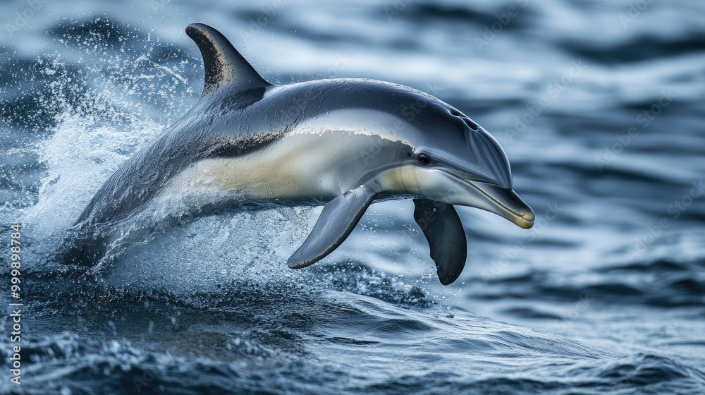 Obraz premium A dynamic shot of a dolphin breaching the surface with its mouth open, splashing water around, capturing the excitement and vitality of ocean life.