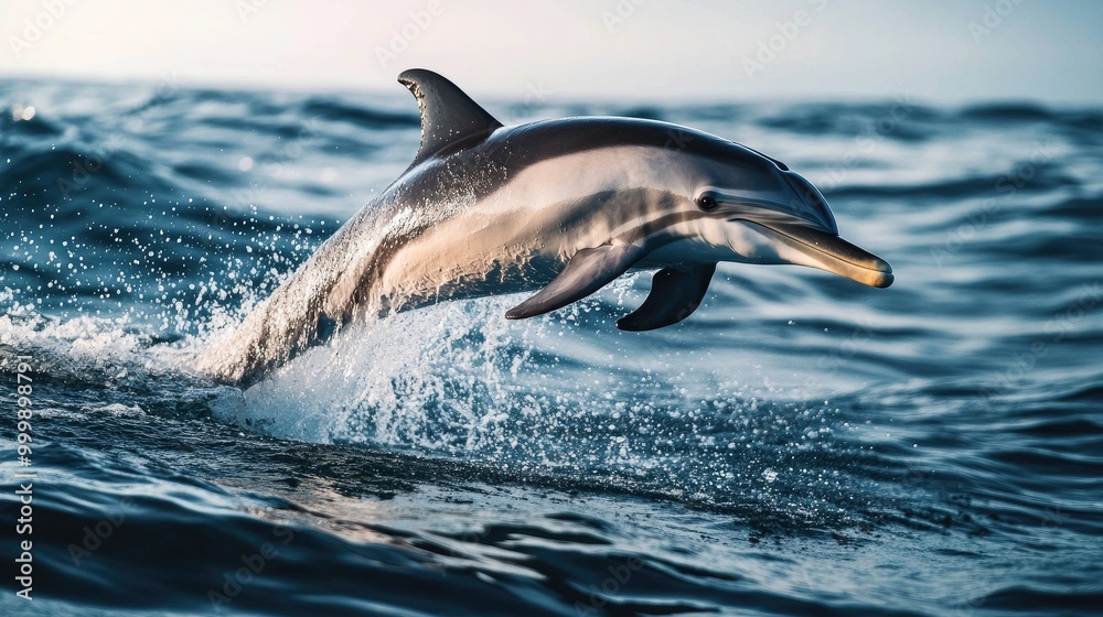 Obraz premium A dynamic shot of a dolphin breaching the surface with its mouth open, splashing water around, capturing the excitement and vitality of ocean life.