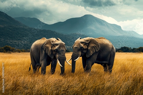 Two elephants in the field of south africa..generative ai